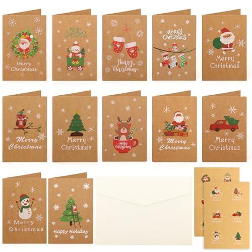 XIANGLONGY 26 Set da Pezzi Biglietti Auguri Natale, 12 Fantasie Diverse Biglietti di Natale, Biglietti Natalizi, Biglietti Natale con Busta, 12 Cartoline + 12 Buste + 2 Piccoli Adesivi.