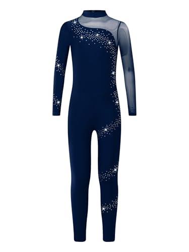 Freebily Tuta Intera da Ginnastica Artistica Bambina Balletto Body Danza Classica Manica Lunga con Strass Ballet Leotard Bodysuit da Pattinaggio Artistico Tutine Jumpsuit Blu scuro 13-14 anni