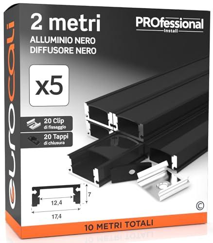 Eurocali 5x Profili da 2 metri (10mt) in Alluminio Nero per Strisce LED Copertura Opaca - larghezza max striscia led 12.4mm - 17.4 x 7