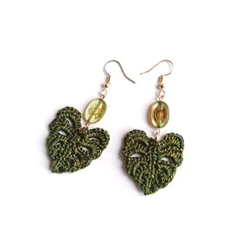 Orecchini foglie da donna, monstera, orecchini all'uncinetto con perline di vetro ceco, Gioielli all'uncinetto, verde/giallo, Made in Italy, Bijoux da donna, Lavorazione Artigianale