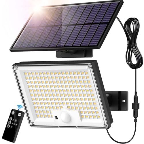 Faretti Solari a LED da Esterno, 172 LED Luce Solare LED Esterno con Sensore di Movimento, IP65 Impermeabile Luci Solari da Esterno con Telecomando, Lampade Solari con Estensore da 5M Bianco Caldo