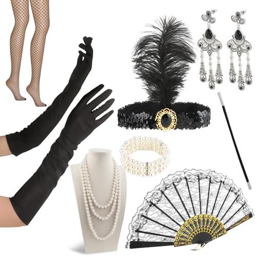 VFANDV Accessori Anni 20, 10 Pezzi Accessori Anni 20 Donna Costumi Charleston 1920 Flapper Fascia Accessori di Set, 20s Gatsby Costume Set per la Vintage Festa Degli Anni '20, Ballo, Halloween