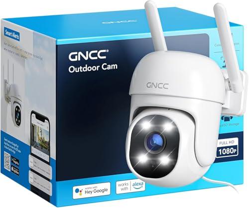 GNCC Telecamera Wi-Fi Esterno 1080P, Solo WiFi a 2,4 GHz, 360° PTZ, Rilevamento AI, Abbonamento Cloud Richiesto, Tracciamento Intelligente, IP65, Allarme Luminoso, 24/7, Plug-in, Cavo Alimentazione 3m