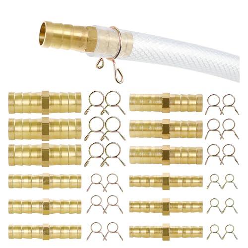 YIXISI 12 Pezzi 6/8/10/12 mm Connettori per linea Carburante in Ottone, Connettore a Dritto a 2 Vie, Raccordo Tubo del Carburante Barbiglio, con 24 Pezzi Morsetti, per Carburante, Aria, Acqua