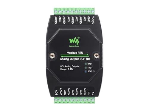 Waveshare Industrial 8-Ch Analog Output Module, 12-Bit DA Conversion, Supports 8-Ch Simultaneous Voltage Or Current Output, DC 7~36V Wide Voltage Power Supply, Modbus RTU Protocol, Rail-Mount Support