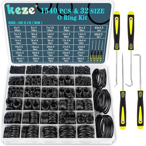 KEZE Kit assortito di 1540 O-ring in gomma di 32 misure con set di punteruoli e ganci per riparazioni di rubinetti, idraulica, idropulitrici e automobili,O-ring OD: 4 mm-50 mm