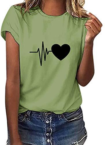heekpek Maglietta Manica Corta Donna Amore Tshirt Cotone Maglietta Elegante Donna Casual T-Shirt Estiva con Girocollo Magliette Basic Estive Top, Verde, XL
