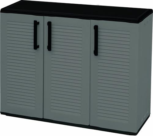 BuyStar Armadio Basso 3 Ante da Esterno 102x37x84h cm Ripiani Regolabili - Antiusura, Idrorepellente, Chiusura a Scatto, Robusto, Anti odore, Lavabile - Plastica Eco Sostenibile Grigio