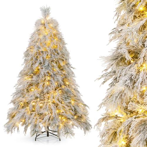 COSTWAY Albero di Natale Innevato 146/180 CM, Albero di Natale Artificiale Pre-Luminoso con Cerniera e 150/250 Luci LED Bianche Calde, 279/519 Punte di Ramo, Ago di Pino (180 CM)