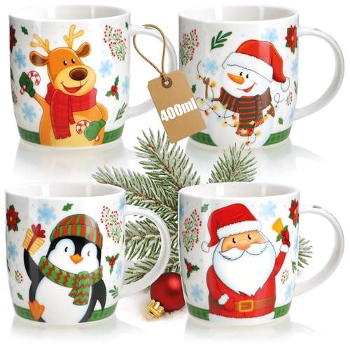 com-four® 4x tazze da caffè in ceramica 400 ml – tazze natalizie colorate per bevande calde e fredde – mug decorativi per il periodo dell’Avvento (Natale - 400ml)