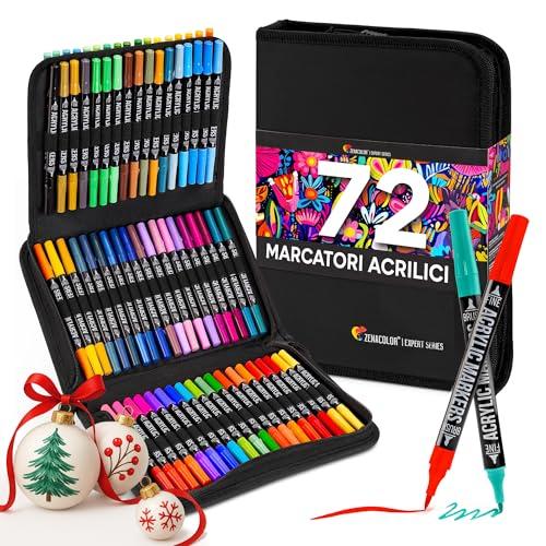Zenacolor Pennarelli Acrilici Doppia Punta (con Punta a Pennello e Fine) - 72 Colori Indelebili per Diverse Superfici - Acrylic Marker per Vetro et per Dipingere Sassi - Astuccio Incluso