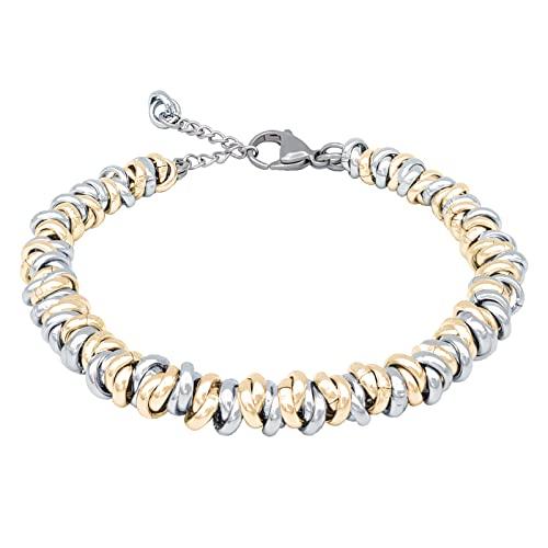 ParticolarModa Bracciale Donna regolabile nodini anelli intrecciati acciaio alluminio morbido 6 mm (Regolabile da 16 a 19 cm (x polso 13-15), Argentato/Dorato)