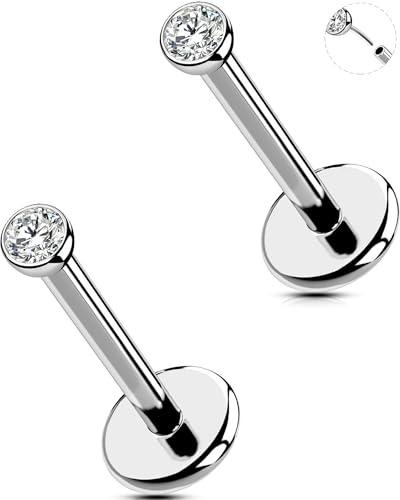 OUFER 2PCS 18G Piercing Naso Threadless Anello Naso Orecchini Conch Acciaio Chirurgico 316L Trasparenti 2 mm CZ Tragus Ring Per Le Donna 8 mm Lip Stud