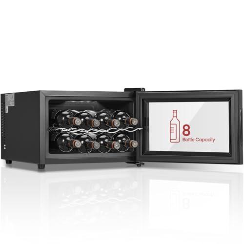 FOHERE Frigorifero per 8 bottiglie, frigorifero da tavolo con porta in vetro, 22 litri LED + display digitale, frigorifero per bevande con porta in vetro, 8 – 18 °C, zona singola