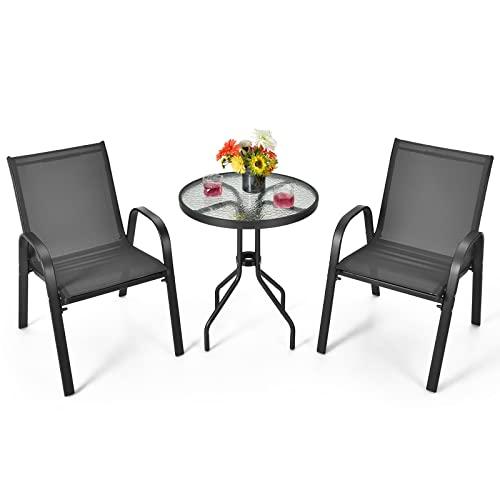 COSTWAY Set Mobili da Giardino 3 Pezzi, con Tavolo Rotondo in Vetro Temperato e 2 Sedie in Textilene Traspirante, per Esterno Balcone Giardino