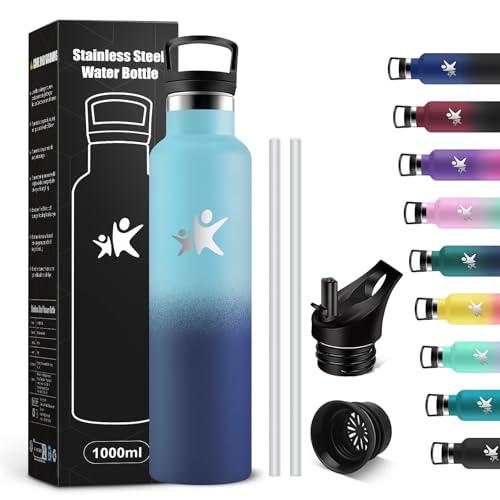 KollyKolla Borraccia Termica 1 litro, Bottiglia d'acqua senza BPA, Borraccia in Acciaio Inossidabile con Cannuccia, a Prova di Perdite, Riutilizzabile, Borracce per Ufficio, Sport, Ciclismo, Lavoro