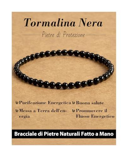 Landorilo Bracciale di Pietre Naturali Rotonde da 4 mm, Braccialetti Yoga Elastico per Uomo e Donne, Bracciali Portafortuna con Perline di Ricambio, Regali di Gioielli(R Tormalina Nera)