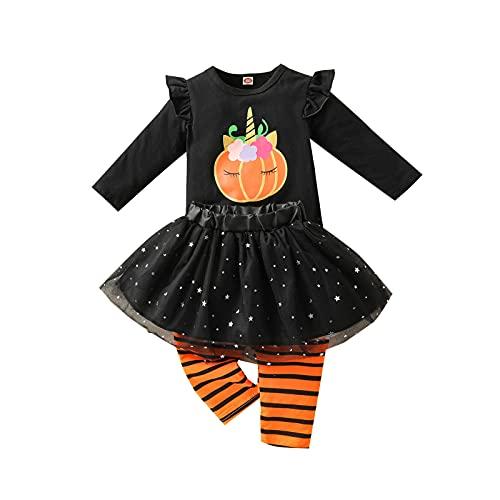 Verve Jelly Toddler Neonate Halloween Outfit Manica lunga Zucca Ruffle Top Legging Pantaloni Vestiti Set Tutu Gonna 3PCS Set Nero A 90 12-18 mesi