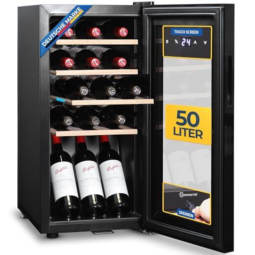 Sommertal Frigorifero per vino con porta in vetro WK50 – 15 bottiglie, regolabile 5 – 20 ° con serratura, illuminazione a LED, porta in vetro, touch screen, 4 ripiani in legno, silenzioso e a