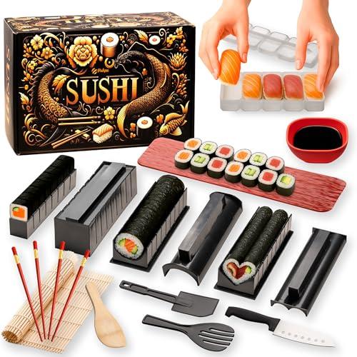 PUKPU Kit Sushi 15 Pezzi – Sushi Maker Fai da Te per Casa con Stampi Nigiri, Tappetino Bambù, Coltello, Bacchette, Ciotola, Vassoio e Guida