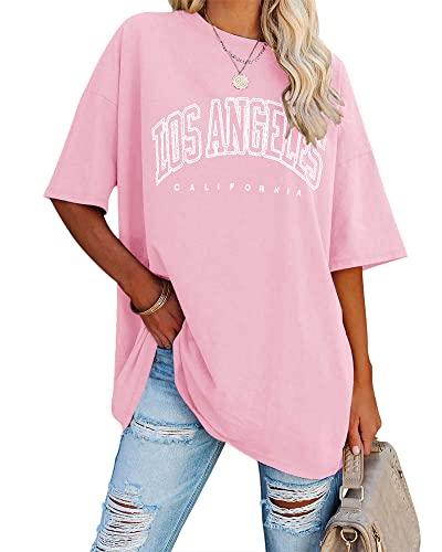 Ebifin T-Shirt Oversize da Donna, Vintage, a Maniche Corte, Girocollo, Los Angeles, Tops, Casual, Basic, Estivi, Leggeri, Bluse., Colore: Rosa., M