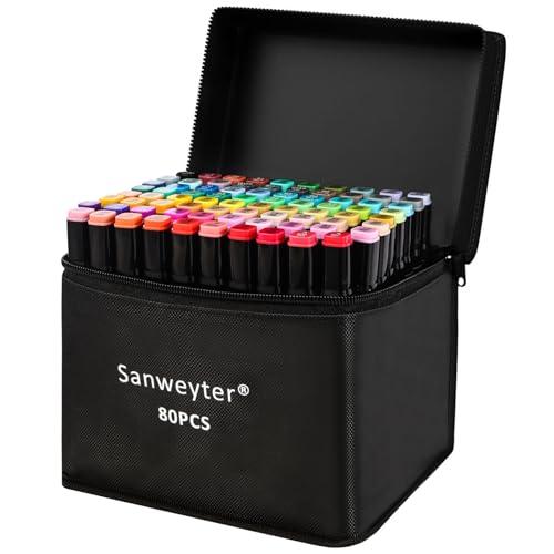 Sanweyter Pennarelli ad Alcool Doppia Punta, Marcatore 80+3 Colori Pennarelli Professionali Impermeabile, Marker Pen con Base e Borsa Nera Feltro Alcol, Feltri Colorazione Adulto Colori Doppia