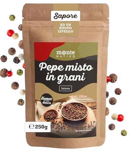 Pepe misto Monte Nativo (250g) - Miscela di pepe nero in grani, bianco, rosa e verde - Pepe in Grani di Qualità superiore per la Ricarica del Macinino - Pepe in Grani Misto interi