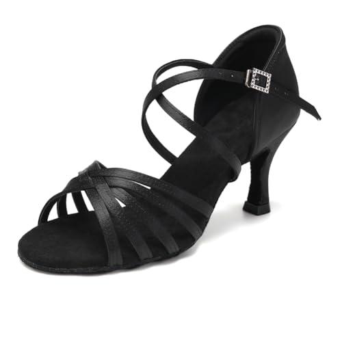 HIPPOSEUS Scarpe da Ballo Latino Americano per Donna Nero Professionale Scarpe da Ballo Sala da Ballo Salsa Danza Pratica Prestazioni Scarpe Tacco Alto 7cm,EU 38.5