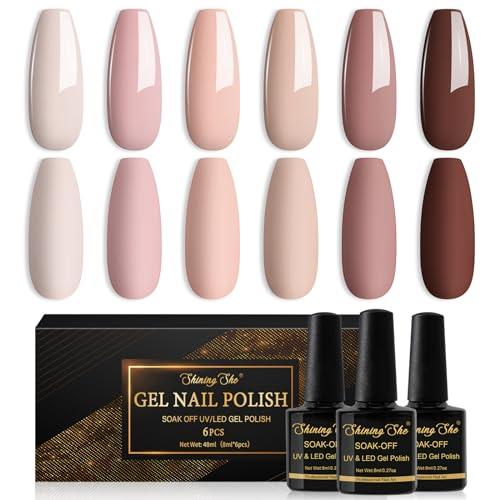 Shining She Smalto Semipermanente Nude,6 Colori Rosa Nudo Beige Albicocca Marrone Smalto Semipermanente Unghie,Serie Nude Smalti per Unghie Gel UV/LED,Autunno e Inverno Manicure Art,8ML