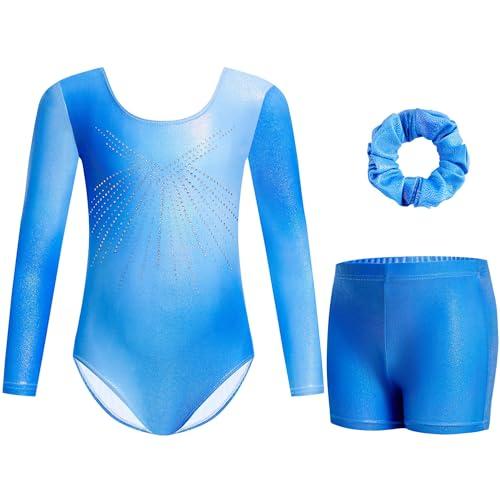 Gogokids Tuta da ginnastica a tre pezzi, a maniche lunghe, set da ginnastica con pantaloncini e fascia per capelli, maglia glitterata per danza classica, con design sfumato per 3-12 anni, Blu,