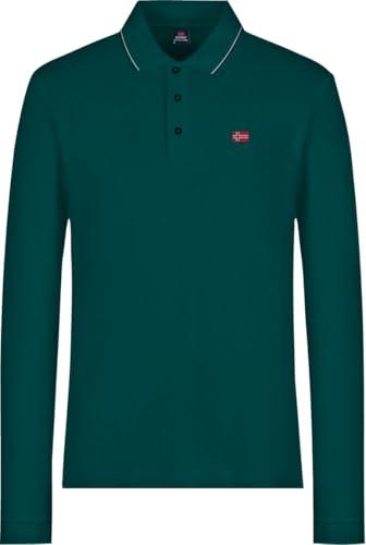 NORWAY NAUTICAL SCHOOL, Polo Uomo Manica Lunga, 100% Cotone Pettinato, 200 gsm, Colletto e Tre Bottoncini, Stile Sportivo con Logo Ricamato Lato Cuore (IT, Testo, 3XL, Regular, Regular, Verde Pino)