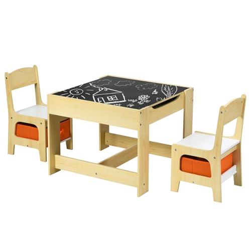 COSTWAY Tavolino Bambini 3 in 1, Set Tavolo e Sedie per Bambini con Lavagna Rimovibile e 2 Sedie con Cestini Portaoggetti, Scrivania Multiuso per Cameretta e Soggiorno (Legno)