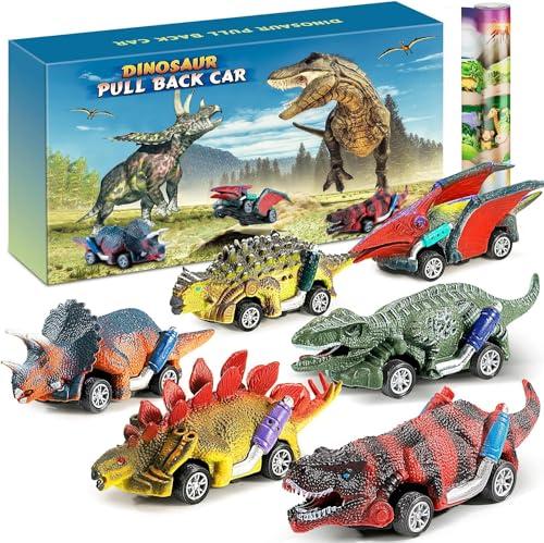 Jojoin Dinosauri Macchinine Giocattolo per Bambini - 6 Pezzi Dinosauro Giocattolo Tirare Indietro Auto con Tappetino attività - Regalo per Bambini 2 3 4 5 6 Anni Ragazzo e Ragazza