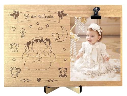 Portafoto battesimo bimbo, Cornice da tavolo in legno, Quadretto con molletta per feste ed eventi, Cornice moderna con dedica, Idea regalo battesimo (Battesimo Bambina)