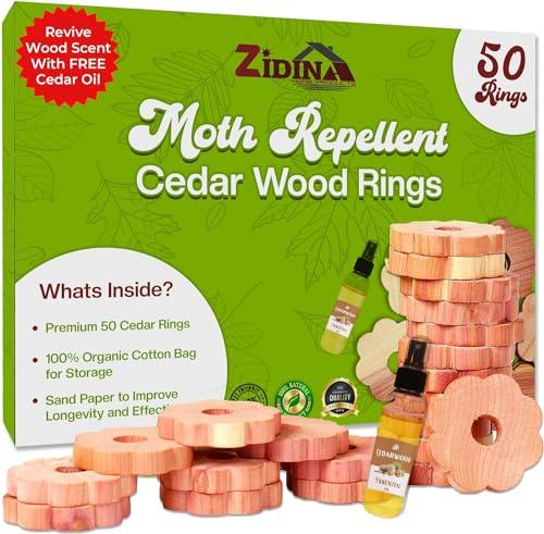 Zidina© Antitarme per Armadi Vestiti | 50x Anelli Legno di Cedro | Olio di cedro mini bottiglia 4,5ml incluso | 100% Naturale Anti Tarme per Armadio Tessuto | per Anti Tarme Armadio e Cassetti