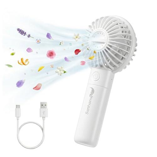 Senhome Ventilatore Portatile Ricaricabile - Vano Aromaterapia con Cartuccia in Cotone per Oli Essenziali - 3 Velocità, Batteria 1200 mAh, Ricarica USB-C - Compatto, per Casa, Ufficio e Esterno