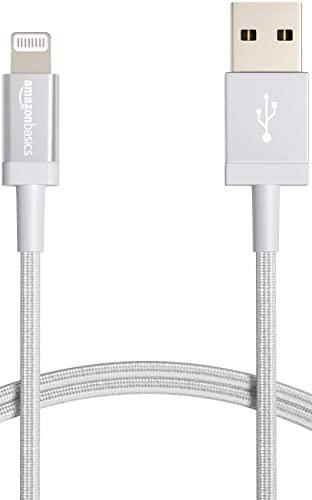 Amazon Basics Cavo di ricarica Lightning a USB-A, certificato MFi, in nylon intrecciato, per iPhone, argento, 1.8 m