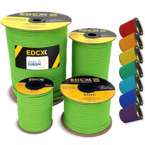 EdcX 4mm Nylon Paracord 550 30m (100 Piedi) - Tipo III, Corda 100% Nylon, Corda 7 Fili, Corda Nylon 4mm in Tinta Unita (Neon Green, 30 m)