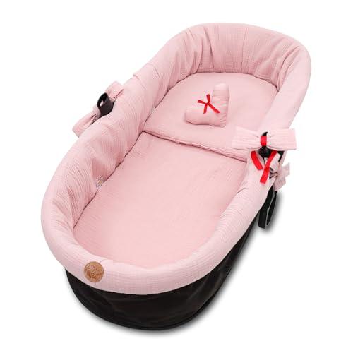 Accessori per passeggino carrozzina mussola neonato Inserto navicella - set 3 pezzi con nido cuscino e materassino cotone morbido inserto Rosa