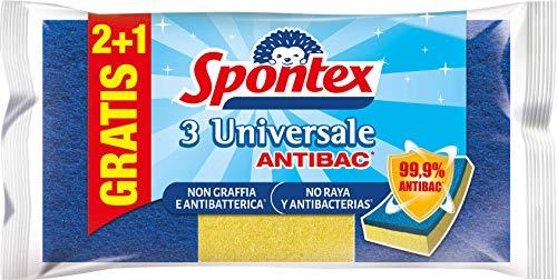 Spontex Universale Delicata Antibatteria 2+1, Spugna Abrasiva in Poliuretano, Dotata di Agente Antibatterico sulla Fibra, Formato 2+1 gratis