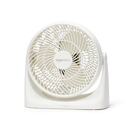 Amazon Basics Ventilatore da tavolo portatile, 18 cm, raffreddamento silenzioso, 3 impostazioni di velocità, inclinazione variabile a 90°, Bianco, 15,49 x 27,3 x 27,69 cm