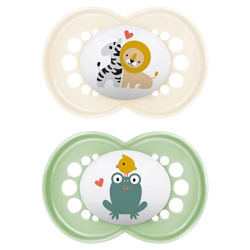 MAM Original Succhietto 16+ Mesi (Set da 2), Ciuccio MAM 16 36 mesi con tettarella ortodontica in caucciù, Kit da 2 accessori neonato con pratico porta ciuccio sterilizzatore, Neutro/Verde