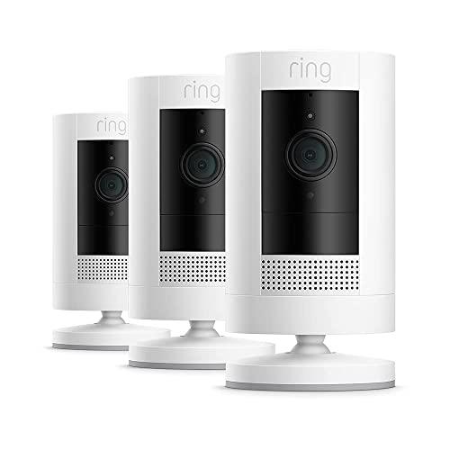 Ring videocamera esterna a batteria (Stick Up Cam) | Telecamera per esterno wifi senza fili con 1080p HD video, audio bidirezionale, fai-da-te | Ring Home: 30 gg. prova gratuita | 3 telecamere