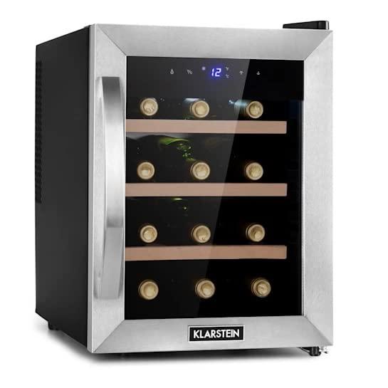 KLARSTEIN Cantinetta Vino, Cantinetta Vino Refrigerata a Zona Singola per Interno/Esterni, Frigo Bar, Cantina Vino con Vetrina, Mini Bar con Protezione UV, Frigo Vino Touch, 11-18°C, 12 Bottiglie
