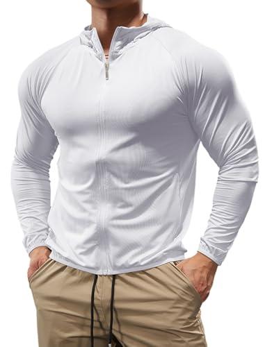 palglg Uomo Sport Felpa con Cappuccio Zip Completa Giacca Leggero Fitness Manica Lunga Asciugatura Rapida Maglie per Corsa Top Bianco L