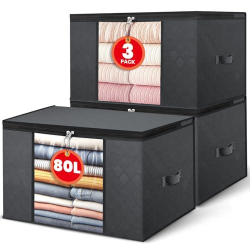 NEWSONA Set da 3 Borse Salvaspazio Pieghevoli 80L – Grigio Scuro – Tessuto a 3 Strati con Finestra Trasparente – per Vestiti, Coperte, Letto, Armadio