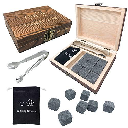 Whisky Stones Set di Regalo Cubetti di ghiaccio riutilizzabili con scatola di legno Comprese le pinze e la borsa di stoffa