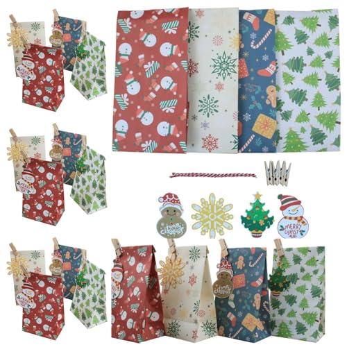 24 Sacchetti Per Regali Di Natale, Sacchetti Regalo Natale Medi Con Robusto Manico In Corda, Sacchetti Di Carta Natalizi 4 Design Differenti, Sacchetti Carta Regalo