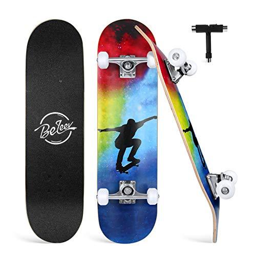 BELEEV Skateboard 31x8 per Principianti, Bambini, Adolescenti e Adulti, Completo Pro Cruiser Skateboard per Ragazza Ragazzo, Acero Canadese a 7 Strati, Doppio Vassoio Concavo, con Strumento a T