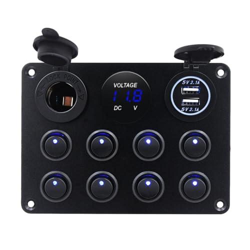 KAOLALI Pannello Interruttori 8 Gang 12V/24V, Interruttore a Levetta Impermeabile Porta caricatore USB 4.2A + Accendisigari + Voltmetro per Camper Roulotte Barche LED Blu